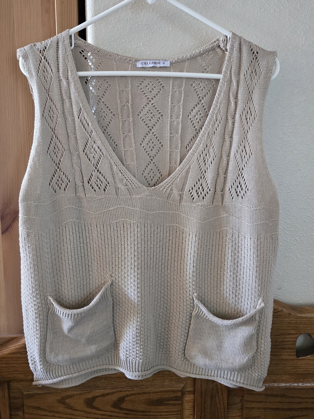 CELLABIE Sleeveless Knit V-Neck Pocket Sweater - Beige